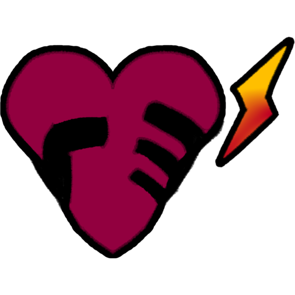 a stylized magenta heart with a bold black hand gripping it in the design, accompanied by a lightning bolt in shades of red and yellow.